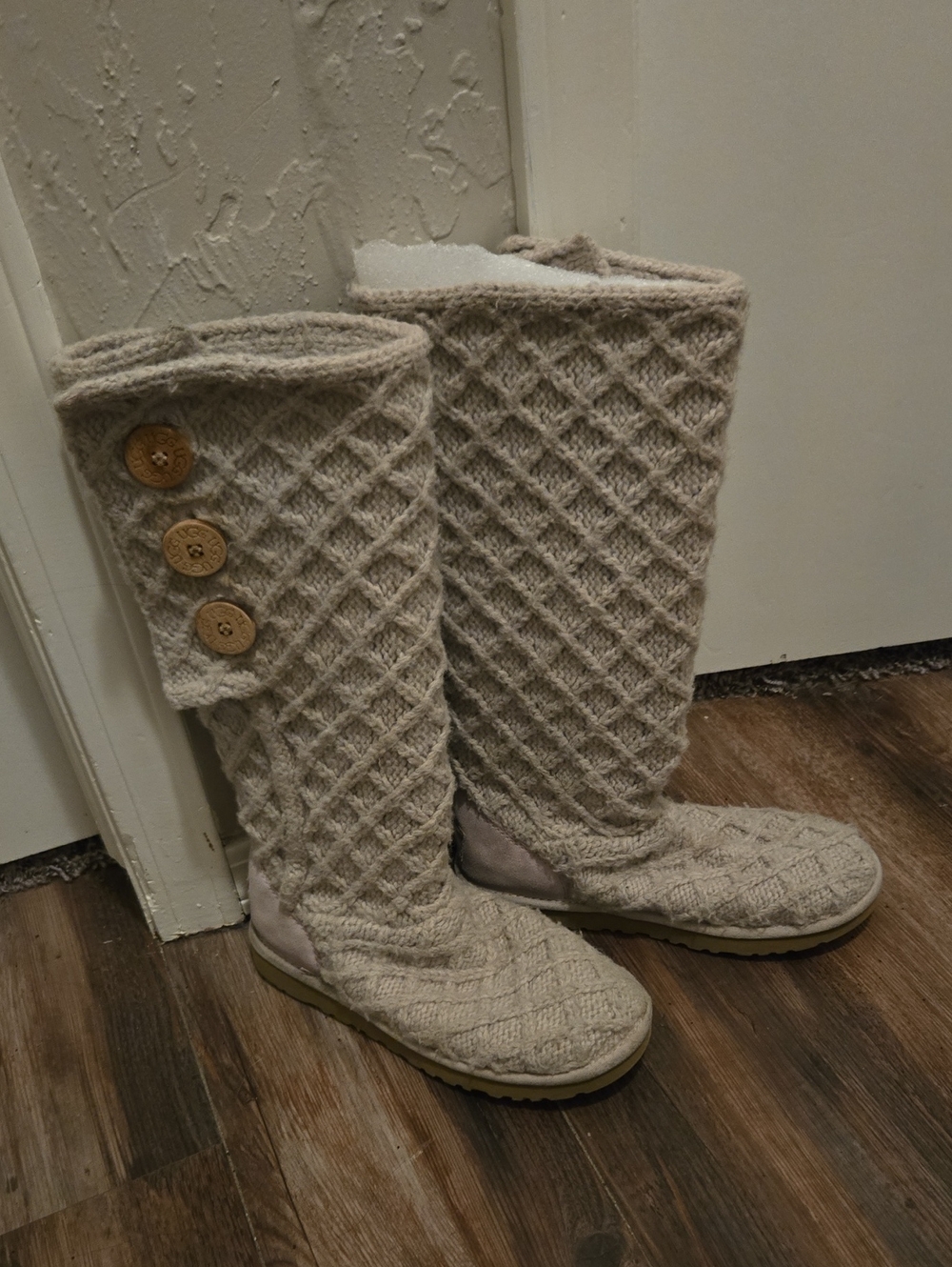 UGG Light Gray Cable-Knit Button Tall Boots